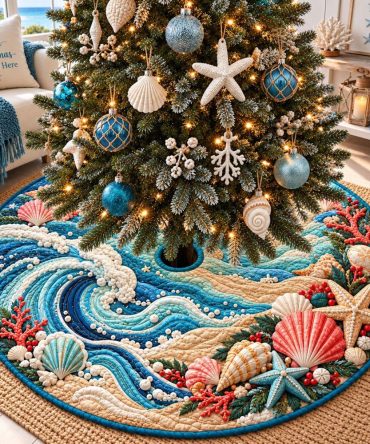 Coastal Christmas Waves Tree Skirt — Handcrafted Ocean Wave Motif In Soft Coastal Hues, Custom Sizes For Seaside Holiday Décor