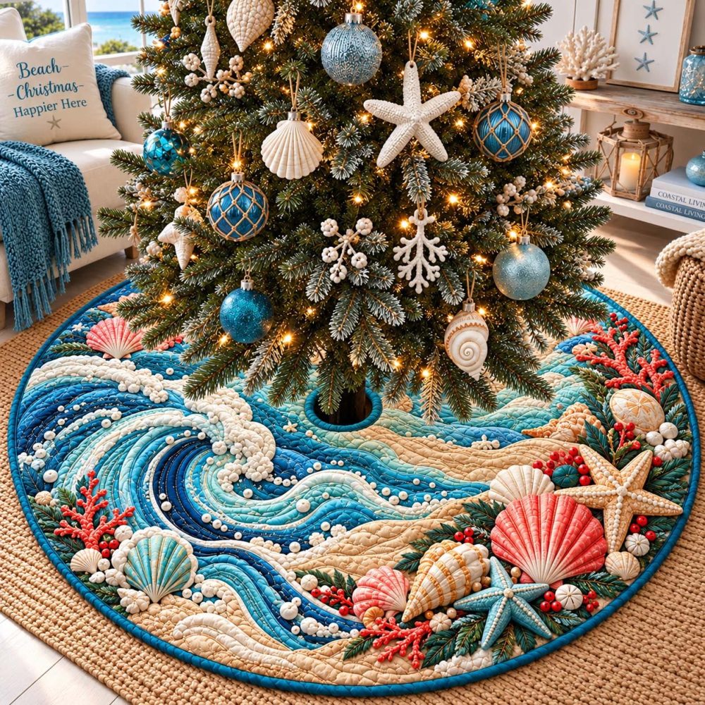 Coastal Christmas Waves Tree Skirt — Handcrafted Ocean Wave Motif In Soft Coastal Hues, Custom Sizes For Seaside Holiday Décor