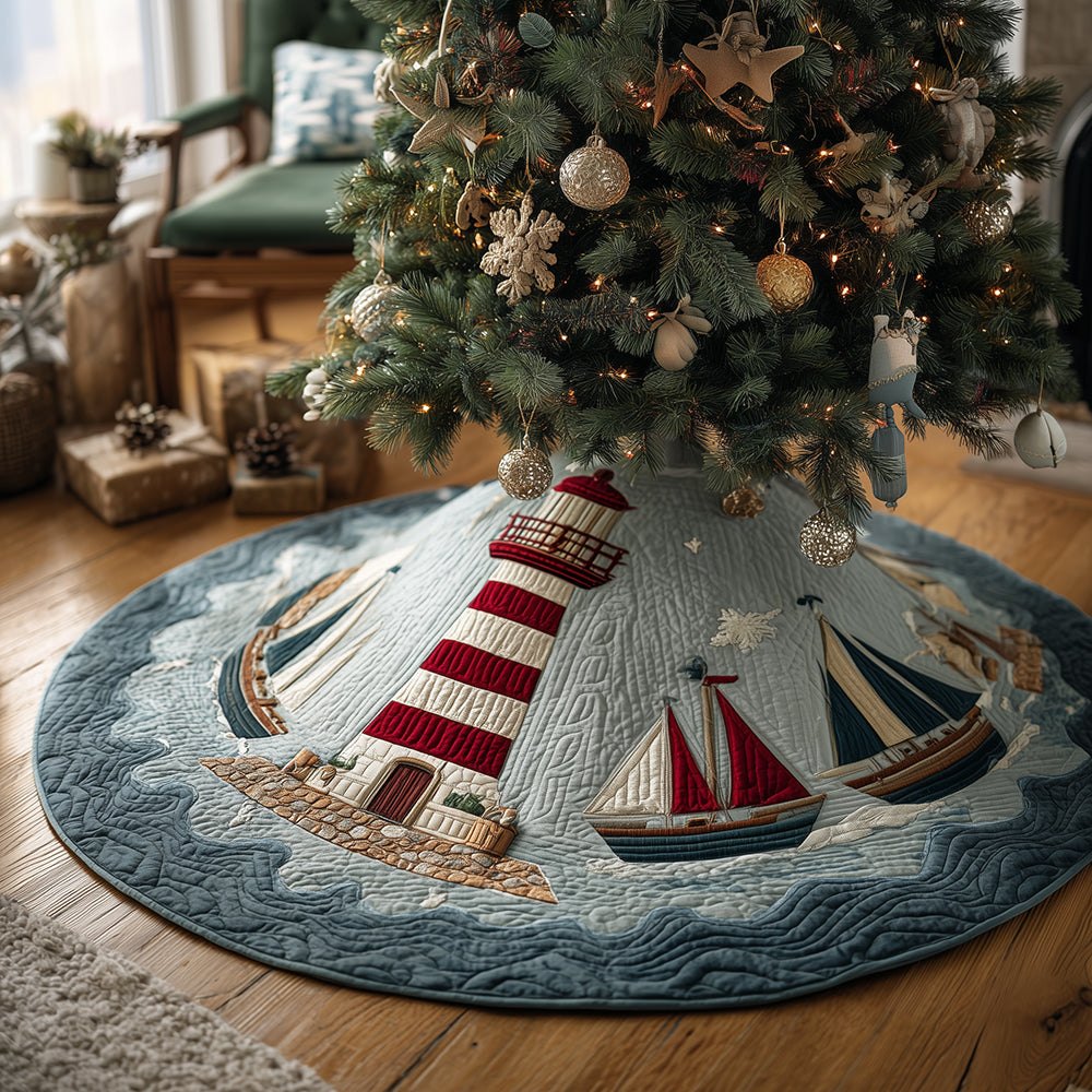 Lighthouse Coastal Christmas Tree Skirt — Quilted Nautical Holiday Skirt, Custom Handmade With Lighthouse Motif, Perfect Gift & Easy Care