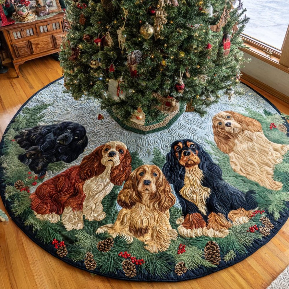 Cocker Spaniel Carol Quilted Christmas Tree Skirt — Dog-Themed Holiday Skirt, Handmade Custom, Perfect Gift For Cocker Lovers & Easy Care