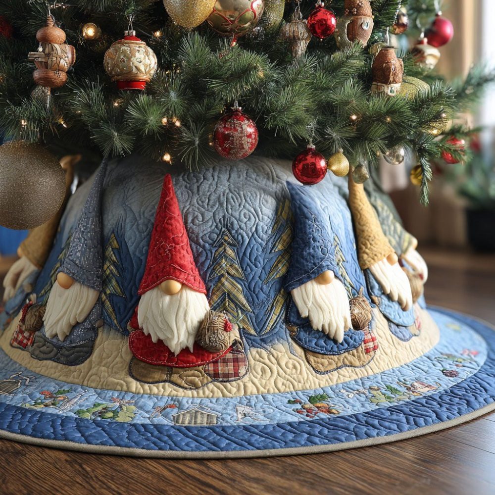 Winter Gnomes Quilted Christmas Tree Skirt — Charming Cold-Weather Gnome Holiday Skirt, Handmade Custom Design, Perfect Gift & Easy Care