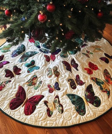 Dynamic Colorful Flight Christmas Tree Skirt — Modern Quilted Aviary Design, Custom Handmade Holiday Skirt, Perfect Gift & Easy Care