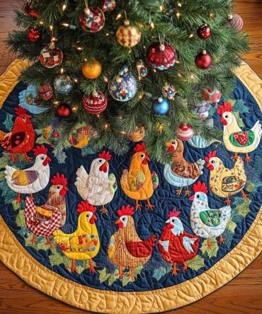 Quilted Colorful Flock Christmas Tree Skirt — Bright Bird-Themed Holiday Skirt, Custom Handmade, Perfect Gift & Personalized Options