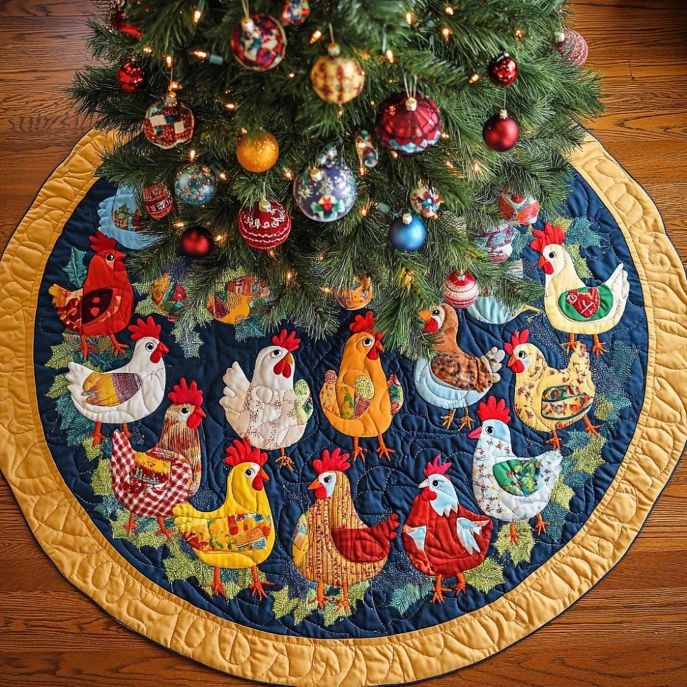 Quilted Colorful Flock Christmas Tree Skirt — Bright Bird-Themed Holiday Skirt, Custom Handmade, Perfect Gift & Personalized Options