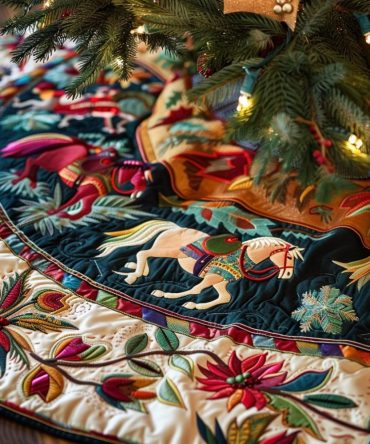 Handmade Colorful Horse Christmas Tree Skirt — Equestrian Quilted Holiday Skirt, Custom Made-To-Order, Perfect Gift & Easy Care Options