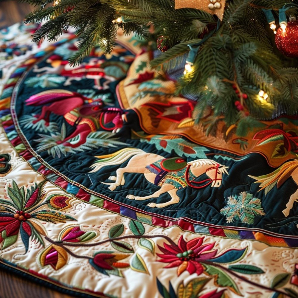 Handmade Colorful Horse Christmas Tree Skirt — Equestrian Quilted Holiday Skirt, Custom Made-To-Order, Perfect Gift & Easy Care Options
