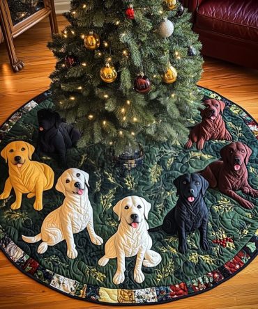 Custom Colorful Labrador Christmas Tree Skirt — Quilted Dog-Lover Holiday Skirt, Handmade & Made-To-Order, Perfect Gift, Personalized Options
