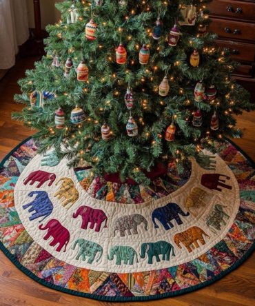 Festive Colorful Parade Christmas Tree Skirt — Bold Quilted Holiday Design, Handmade Custom Skirt, Perfect Gift, Personalized & Easy Care