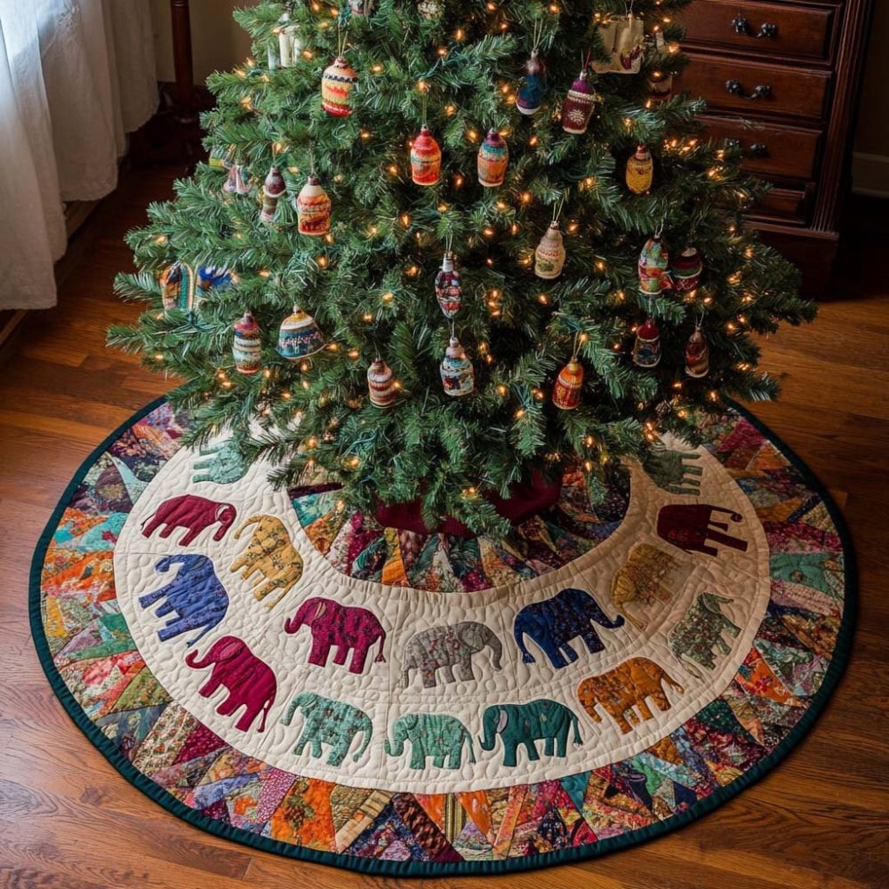 Festive Colorful Parade Christmas Tree Skirt — Bold Quilted Holiday Design, Handmade Custom Skirt, Perfect Gift, Personalized & Easy Care