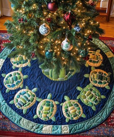 Vibrant Colorful Turtles Christmas Tree Skirt — Bright Quilted Ocean Animal Skirt, Custom Handmade, Perfect Holiday Gift & Easy Care