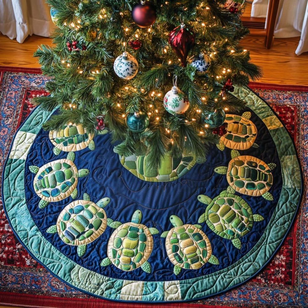 Vibrant Colorful Turtles Christmas Tree Skirt — Bright Quilted Ocean Animal Skirt, Custom Handmade, Perfect Holiday Gift & Easy Care