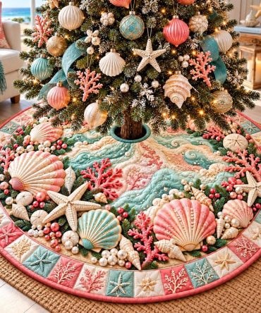 Coral Seashell Christmas Tree Skirt — Coastal Holiday Style With Seashell Embroidery, Custom Handmade Beach-Themed Tree Skirt