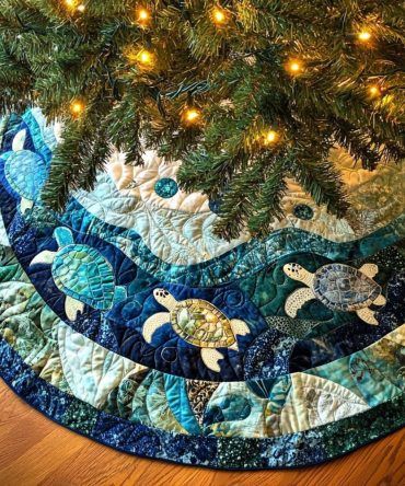 Coastal Coral Turtle Christmas Tree Skirt — Ocean-Themed Quilted Holiday Skirt, Custom Handmade, Perfect Holiday Gift & Easy Care Options