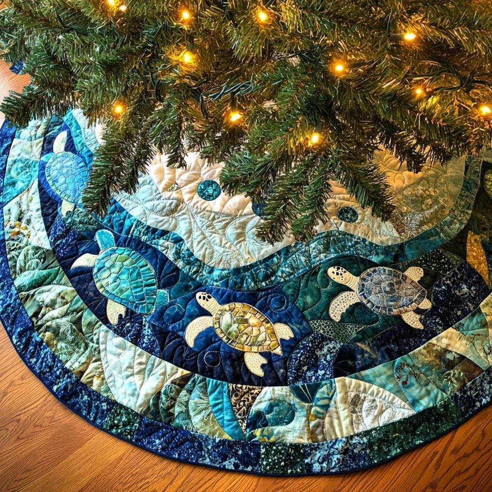 Coastal Coral Turtle Christmas Tree Skirt — Ocean-Themed Quilted Holiday Skirt, Custom Handmade, Perfect Holiday Gift & Easy Care Options
