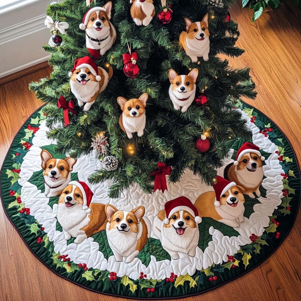 Personalized Corgi Adventure Christmas Tree Skirt — Custom Quilted Dog-Lover Holiday Skirt, Perfect Gift, Personalized Options & Easy Care