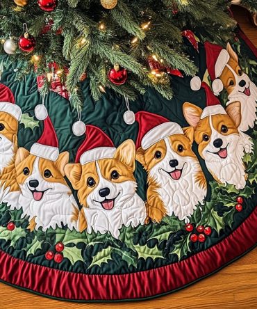 Corgi Cheer Holiday Tree Skirt — Bright & Festive Dog-Themed Christmas Skirt, Personalize With Name, Durable Fabric Options