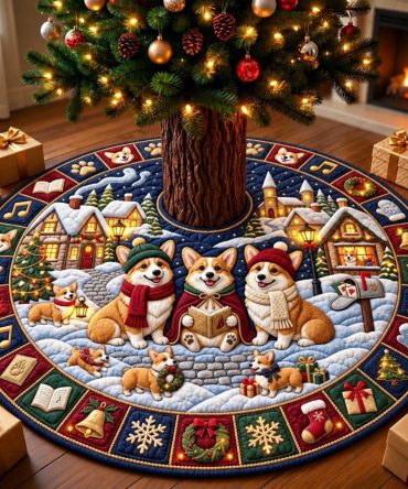 Corgi Carolers Holiday Tree Skirt — Personalized Handmade Christmas Tree Skirt Featuring Corgi Carolers, High-Quality Cotton, Made To Order