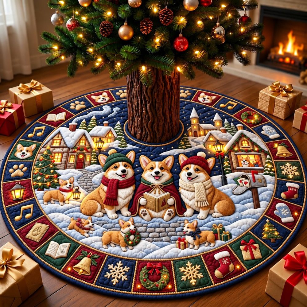 Corgi Carolers Holiday Tree Skirt — Personalized Handmade Christmas Tree Skirt Featuring Corgi Carolers, High-Quality Cotton, Made To Order