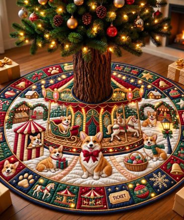 Vintage Christmas Carousel Tree Skirt With Corgis — Custom Handmade Holiday Tree Skirt, Whimsical Carousel Design, Made To Order