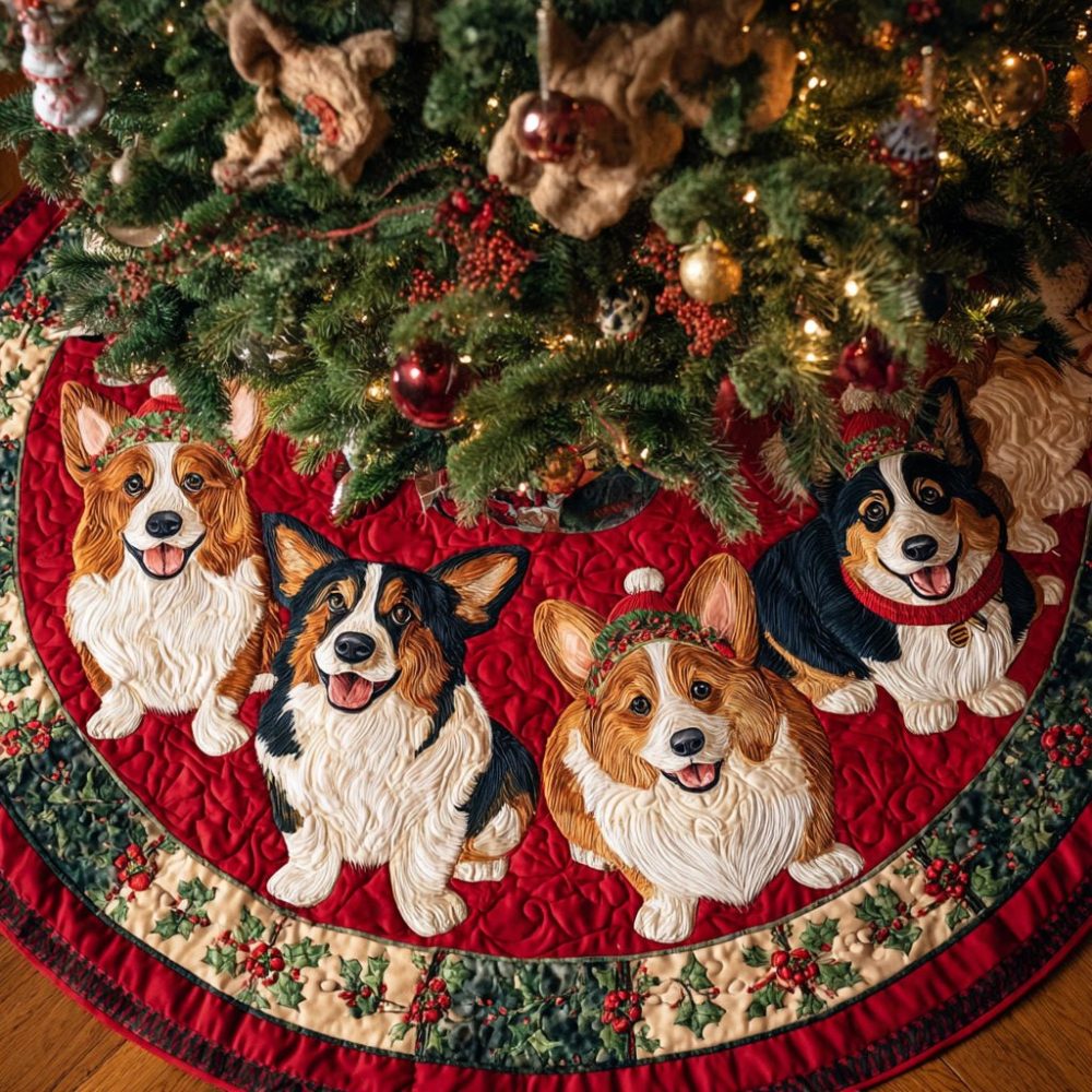 Corgi Christmas Crew Tree Skirt — Festive Group Corgi Design, Customizable, Durable & Washable, Perfect For Family Gifts