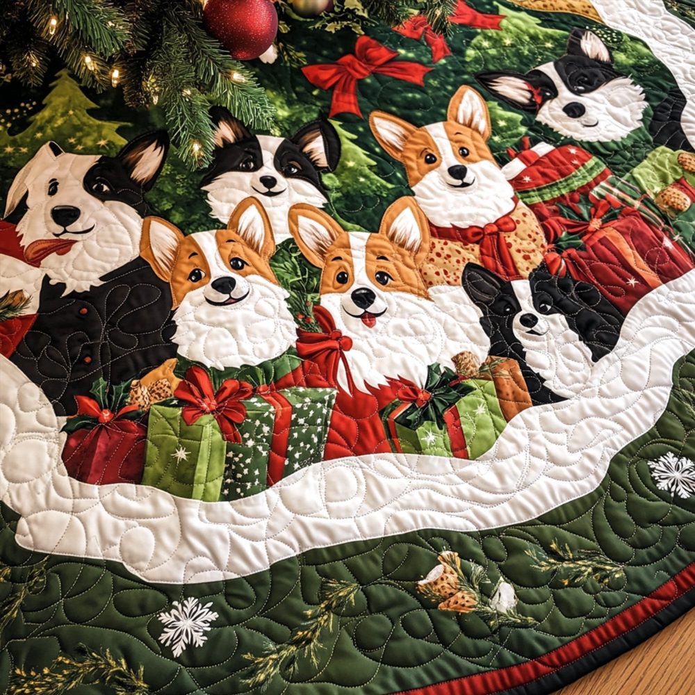 Corgi Christmas Joy Tree Skirt — Joyful Dog-Themed Holiday Skirt, Customizable Size & Name, Soft Fabric, Great Pet Gift