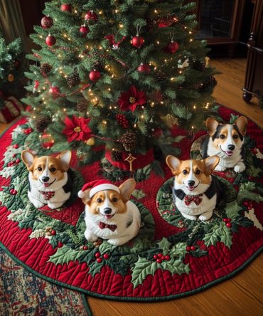 Corgi Christmas Magic Tree Skirt — Enchanting Custom Holiday Skirt With Corgi Motifs, Personalize With Name, Durable & Soft