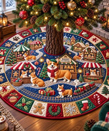 Corgi Christmas Market Tree Skirt - Charming Holiday Market Scene With Dogs, Handmade Custom Size, Soft Fabric, Ideal Festive Gift