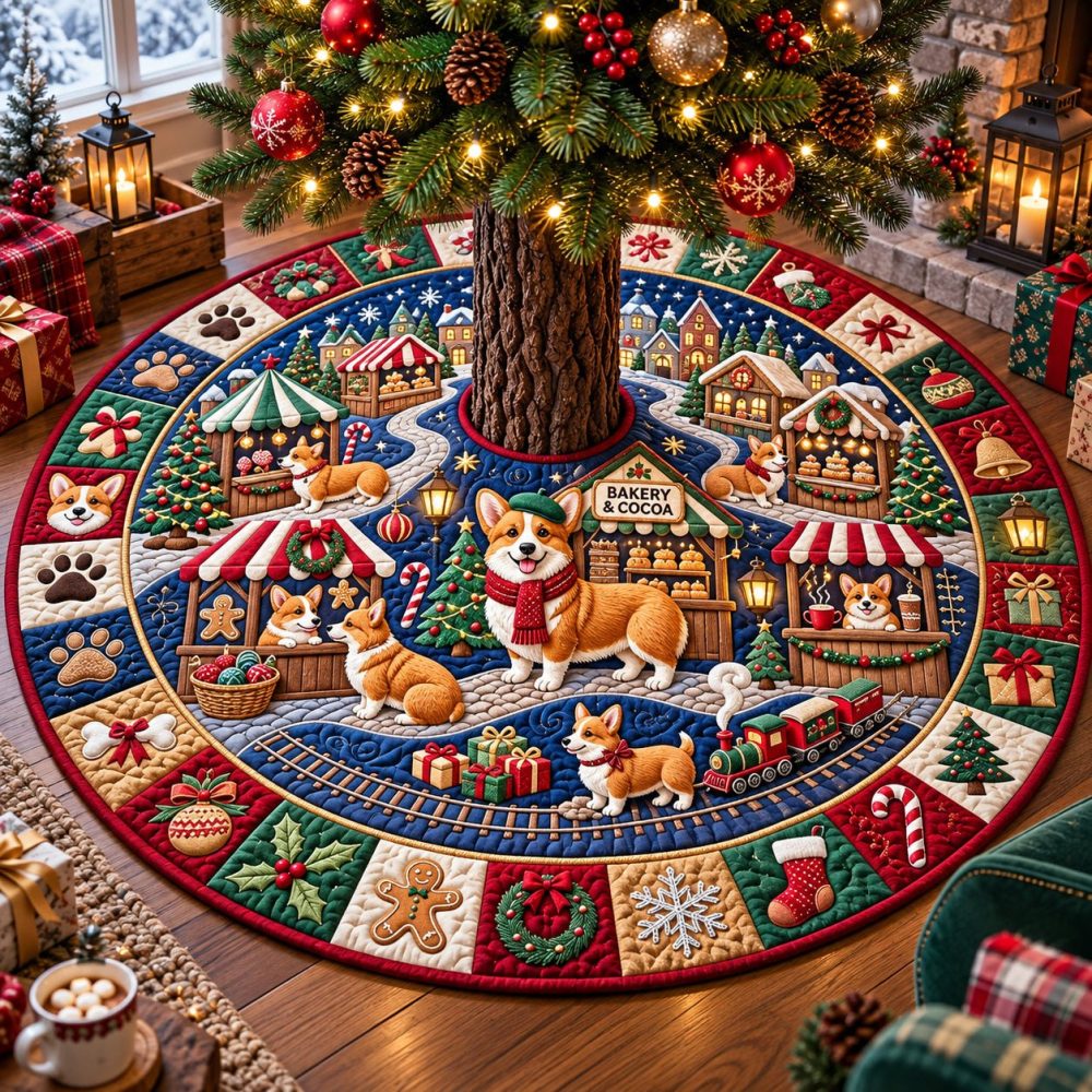 Corgi Christmas Market Tree Skirt - Charming Holiday Market Scene With Dogs, Handmade Custom Size, Soft Fabric, Ideal Festive Gift