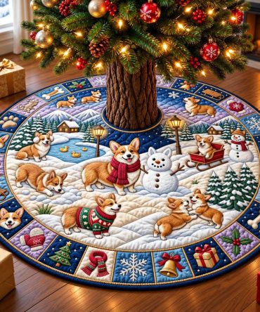 Snowy Corgi Holiday Tree Skirt — Custom Handmade Christmas Tree Skirt With Corgi Design, Plush Fabric, Made To Order