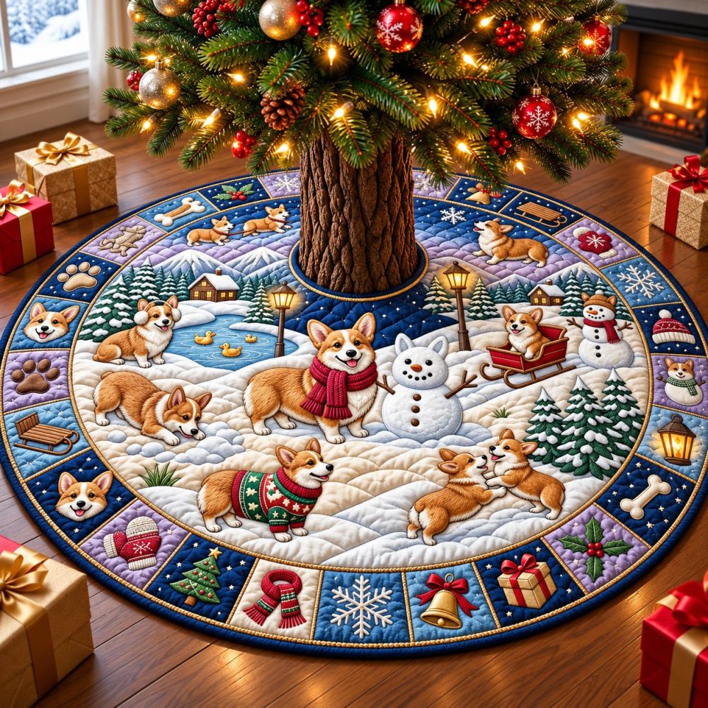 Snowy Corgi Holiday Tree Skirt — Custom Handmade Christmas Tree Skirt With Corgi Design, Plush Fabric, Made To Order