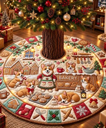 Gingerbread Corgi Bakery Christmas Tree Skirt — Custom Handcrafted Holiday Tree Skirt With Bakery Motif, Soft Felt, Made To Order