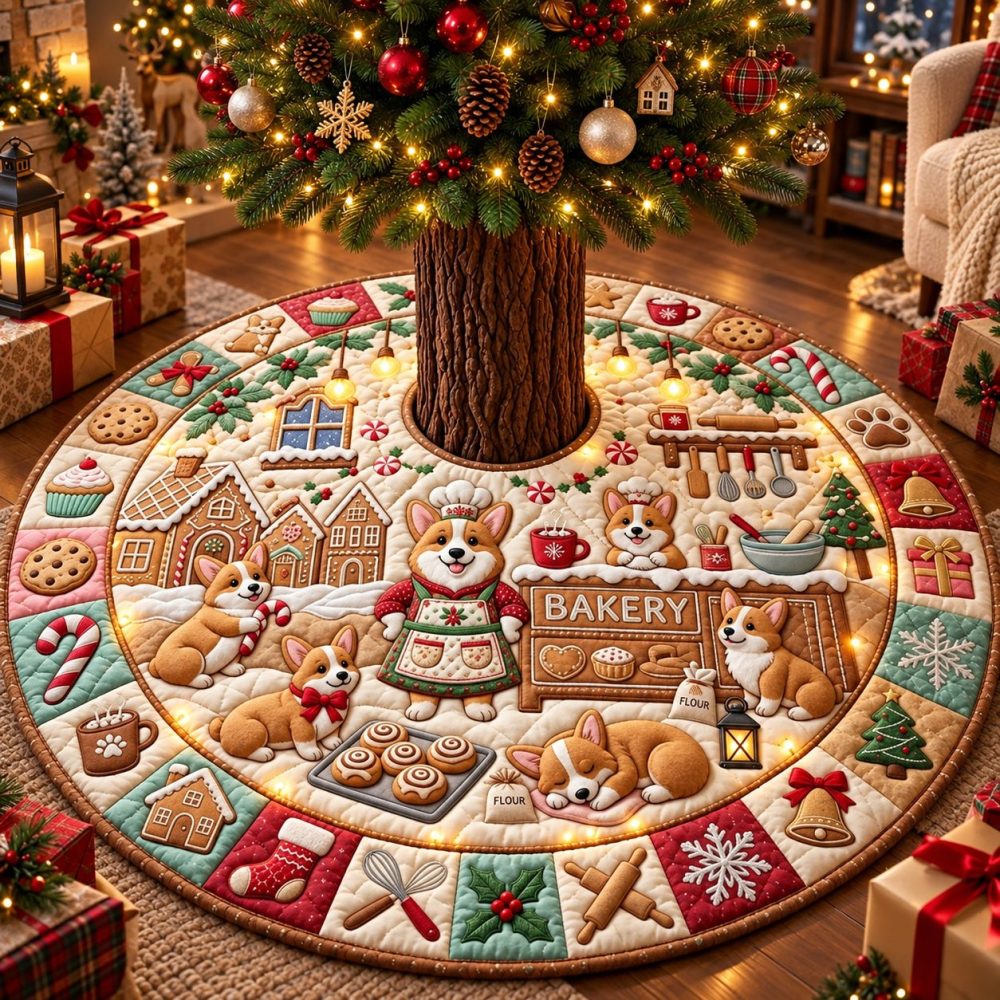 Gingerbread Corgi Bakery Christmas Tree Skirt — Custom Handcrafted Holiday Tree Skirt With Bakery Motif, Soft Felt, Made To Order