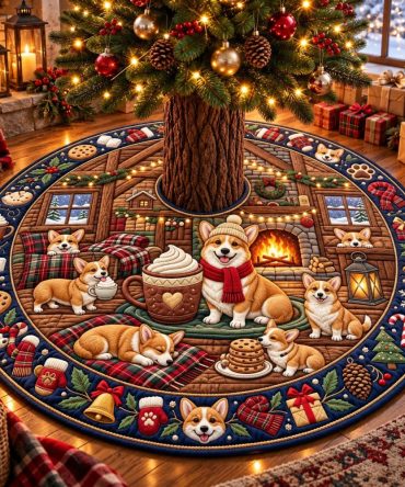 Corgi Hot Cocoa Christmas Tree Skirt - Adorable Dog Design With Cocoa Theme, Handmade, Soft Felt, Custom Size, Perfect Pet Lover Gift
