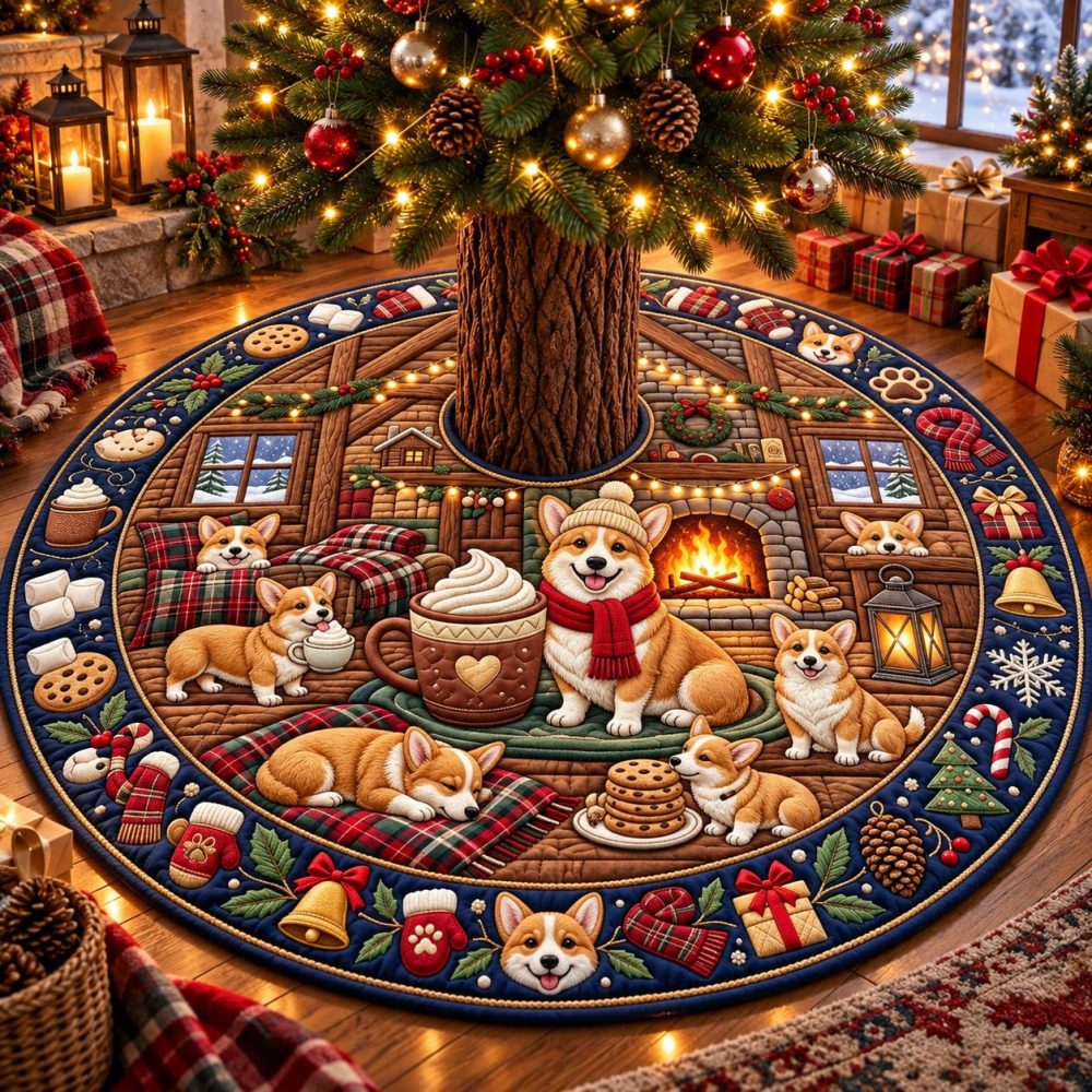 Corgi Hot Cocoa Christmas Tree Skirt - Adorable Dog Design With Cocoa Theme, Handmade, Soft Felt, Custom Size, Perfect Pet Lover Gift