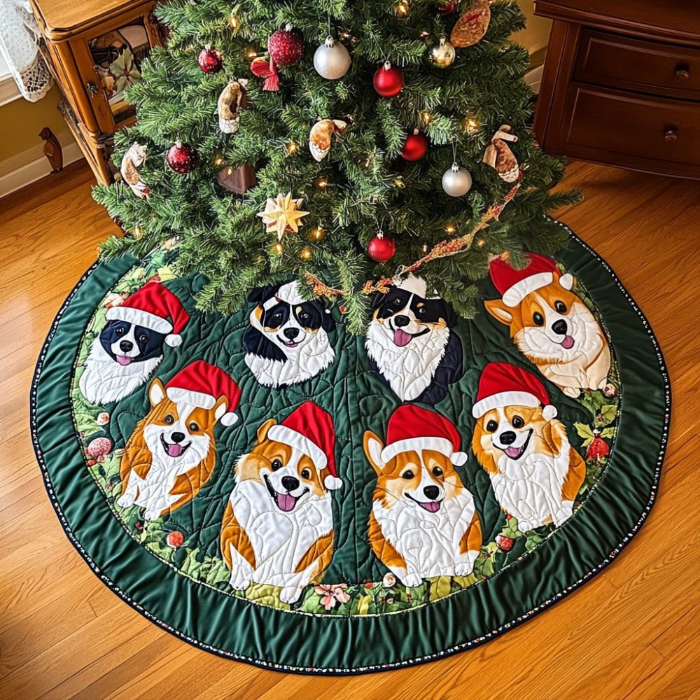 Corgi Joyful Holiday Tree Skirt - Handmade Personalized Christmas Tree Skirt With Joyful Corgi Artwork, Great Gift For Families