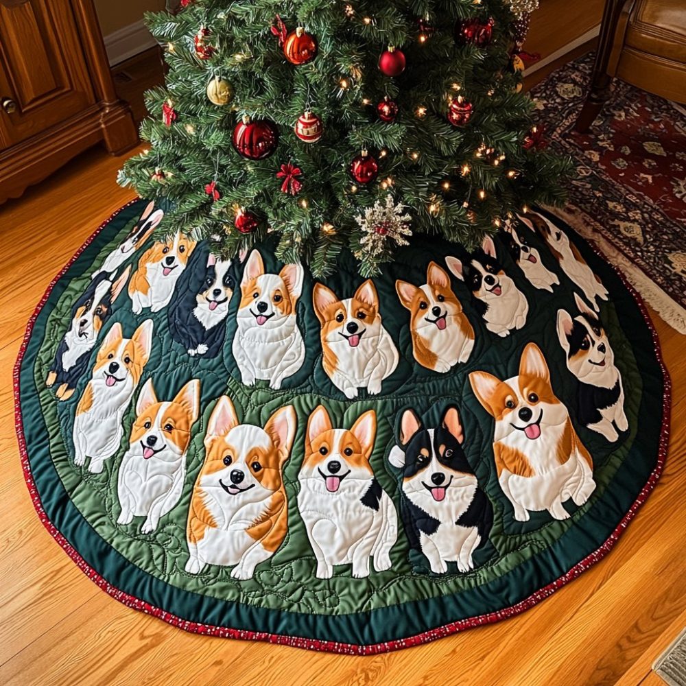 Evergreen Corgi Party Tree Skirt — Playful Corgis Among Pine Sprigs, Festive Green Holiday Accent, Custom Sizes, Made-To-Order