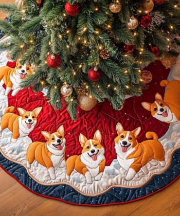 Corgi Meadows Holiday Tree Skirt - Handmade Custom Christmas Skirt With Pastoral Corgi Scene, Perfect For Pet-Loving Homes