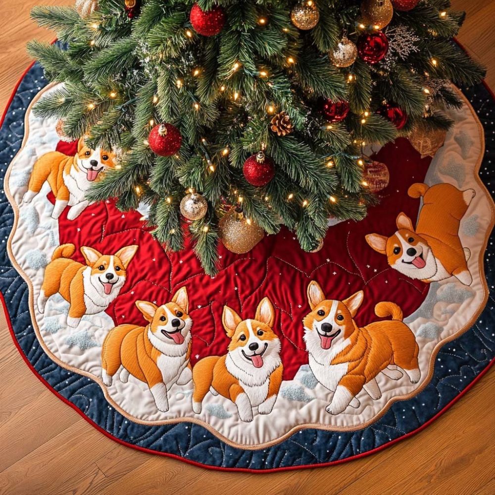 Corgi Meadows Holiday Tree Skirt - Handmade Custom Christmas Skirt With Pastoral Corgi Scene, Perfect For Pet-Loving Homes