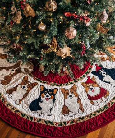Corgi Mistletoe Fun Tree Skirt - Handmade Festive Christmas Skirt With Corgi & Mistletoe Design, Customizable & Gift-Ready