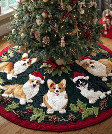 Corgi Sleigh Bells Tree Skirt - Handmade Festive Christmas Tree Skirt With Corgi & Sleigh Motifs, Custom Size Options