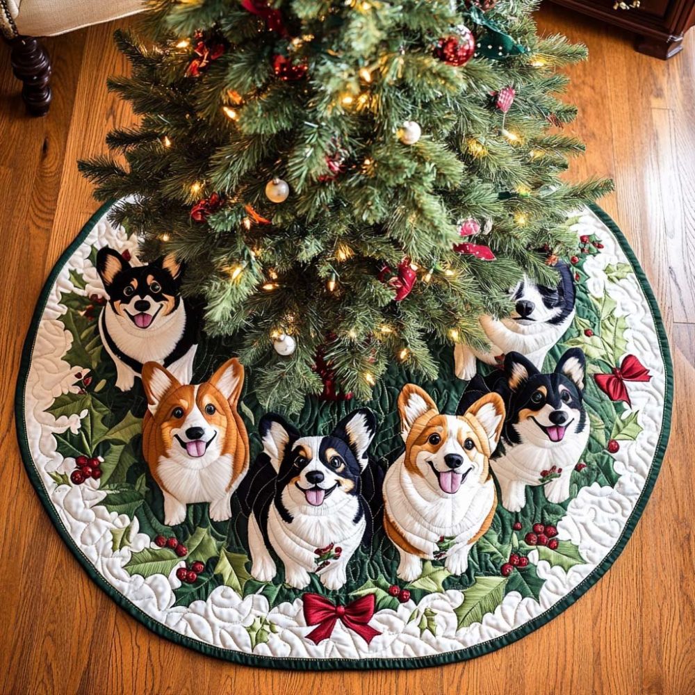Tricolour Corgi Trio Tree Skirt — Distinctive Three Corgi Design, Custom Holiday Decor, Handcrafted, Made-To-Order For Dog Enthusiasts