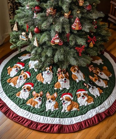 Holiday Corgis In Santa Hats Tree Skirt — Holly Accents, Festive Pet-Themed Décor, Custom Size, Handcrafted, Made-To-Order