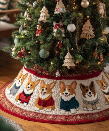 Corgi Parade Holiday Tree Skirt - Handmade Custom Christmas Skirt With Playful Corgi Parade Design, Perfect Gift For Dog Lovers