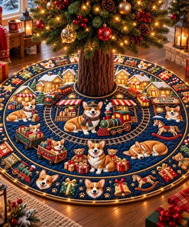 Corgi Toy Train Christmas Tree Skirt - Whimsical Canine Train Scene, Handmade Holiday Skirt, Custom Fit, Durable & Machine-Washable