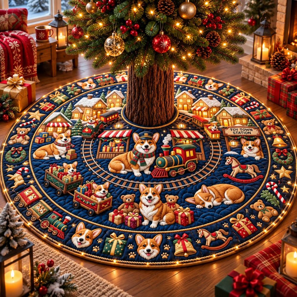 Corgi Toy Train Christmas Tree Skirt - Whimsical Canine Train Scene, Handmade Holiday Skirt, Custom Fit, Durable & Machine-Washable