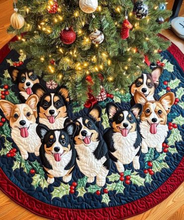 Corgi Whiskers Festive Tree Skirt - Handmade Personalized Christmas Tree Skirt With Cute Corgi Faces, Holiday Home Accent