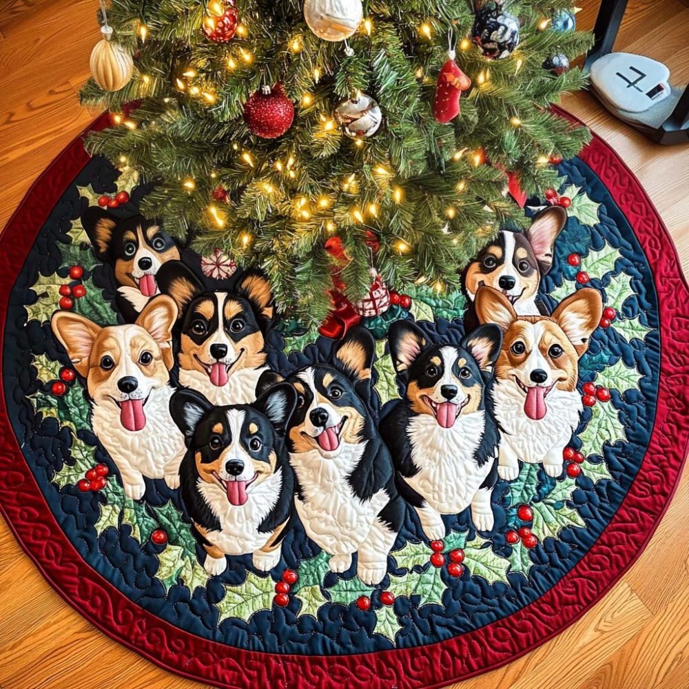 Corgi Whiskers Festive Tree Skirt - Handmade Personalized Christmas Tree Skirt With Cute Corgi Faces, Holiday Home Accent