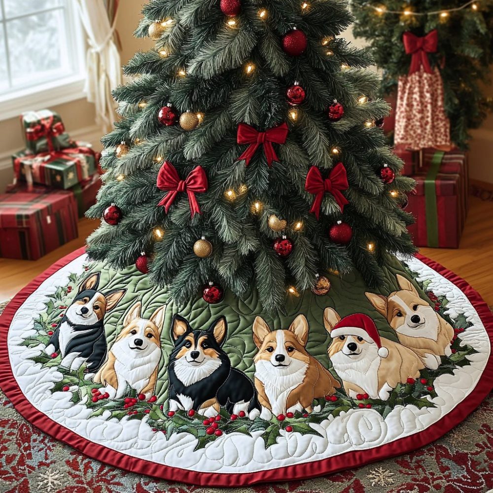 Corgi Wonderland Holiday Tree Skirt - Handcrafted Christmas Tree Skirt With Festive Corgi Motifs, Custom Sizes Available