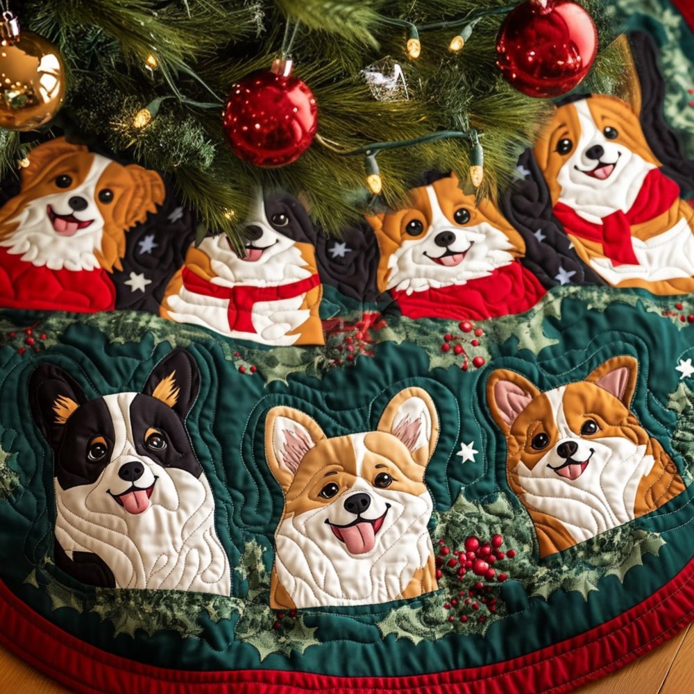 Corgi Yuletide Charm Tree Skirt - Handmade Custom Christmas Tree Skirt With Cute Corgi Designs, Perfect Holiday Gift
