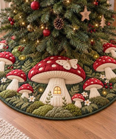 Cottage Fungi Holiday Tree Skirt — Whimsical Mushroom Motif, Hand-Printed Cotton, Custom Colors & Sizes, Perfect Rustic Christmas Gift